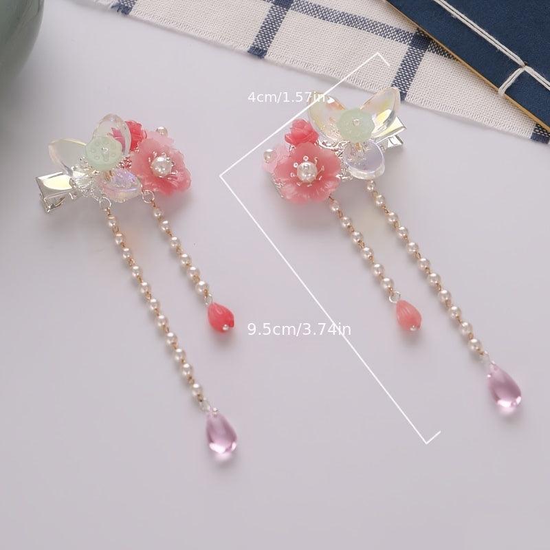 Vintage Chinese Hanfu Hairclip Pearl Flower Leaf Tassel Barrette