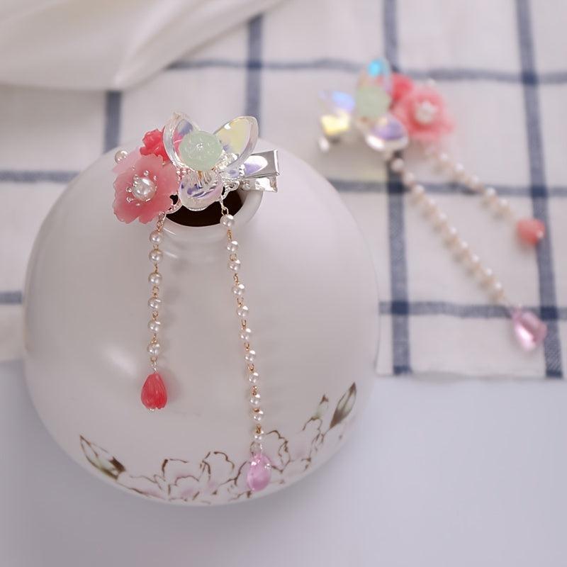 Vintage Chinese Hanfu Hairclip Pearl Flower Leaf Tassel Barrette