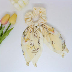 Floral Print Scarf Scrunchies Hair Tie with Faux Pearl Decor
