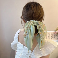Floral Print Scarf Scrunchies Hair Tie with Faux Pearl Decor