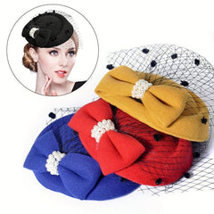 Vintage Fascinator Hair Pillbox Hat Bowknot Veil Cocktail Bridal Headdress
