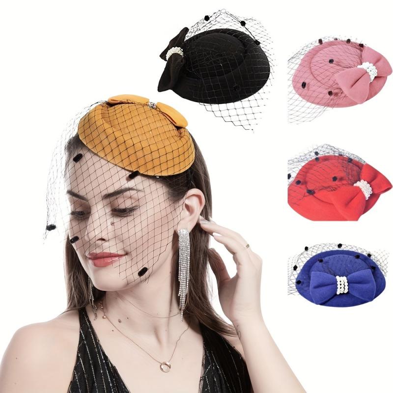 Vintage Fascinator Hair Pillbox Hat Bowknot Veil Cocktail Bridal Headdress