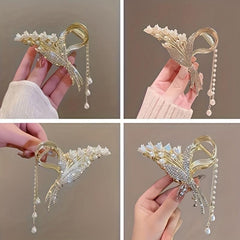 Faux Pearl Tassel Hair Clip Flower Rhinestone Gift