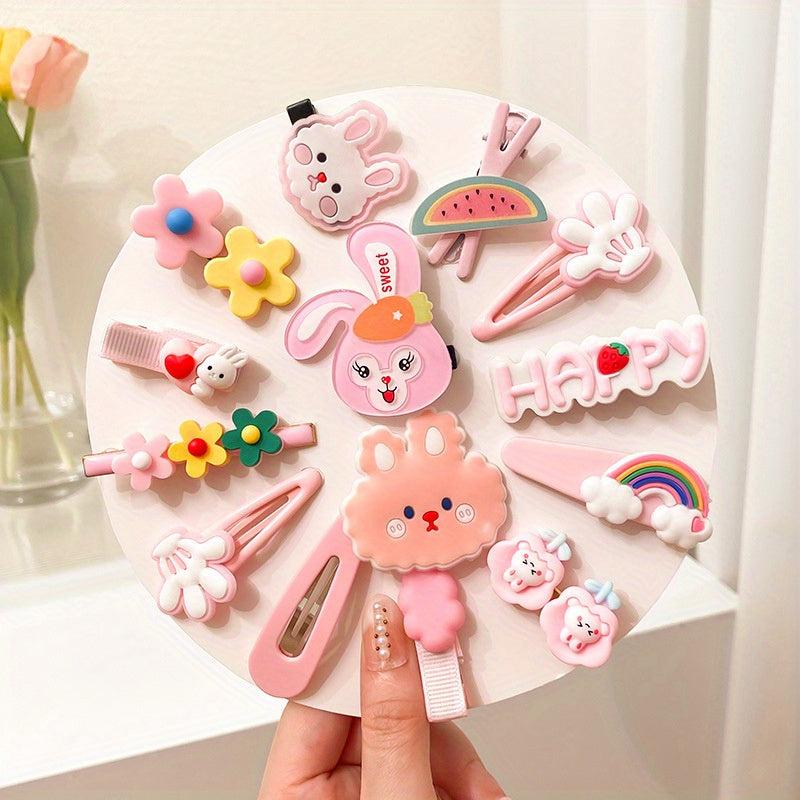 14pcs Cartoon Hair Clip Baby Girls Duck Billed Clip Rainbow Flower Hair