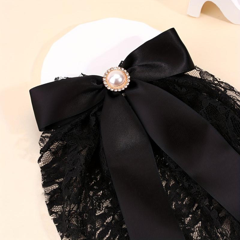 Long Lace Bow Barrette Faux Pearl Hair Clip for Women Girls