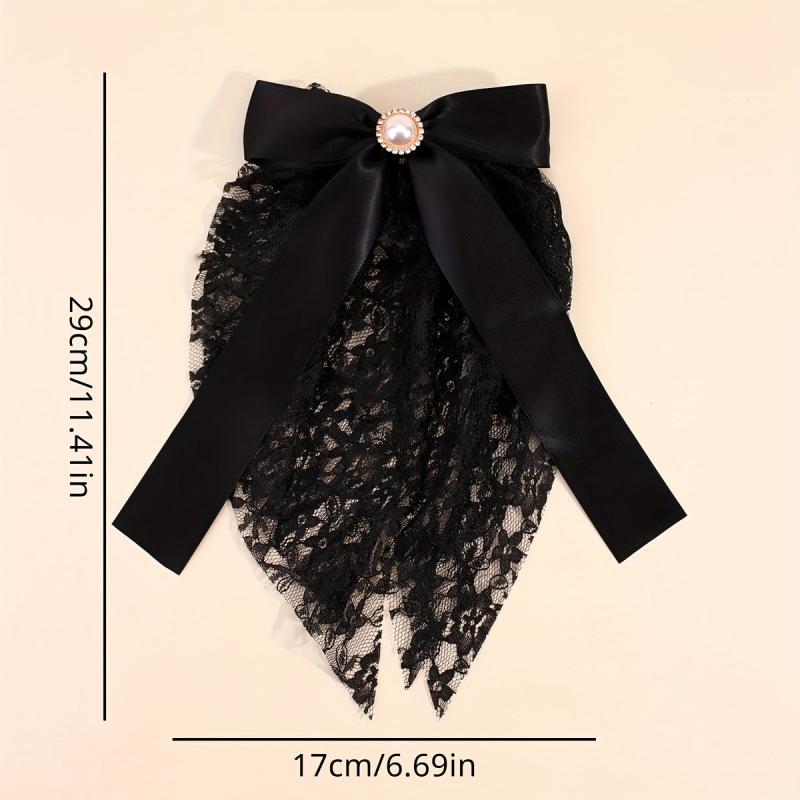 Long Lace Bow Barrette Faux Pearl Hair Clip for Women Girls