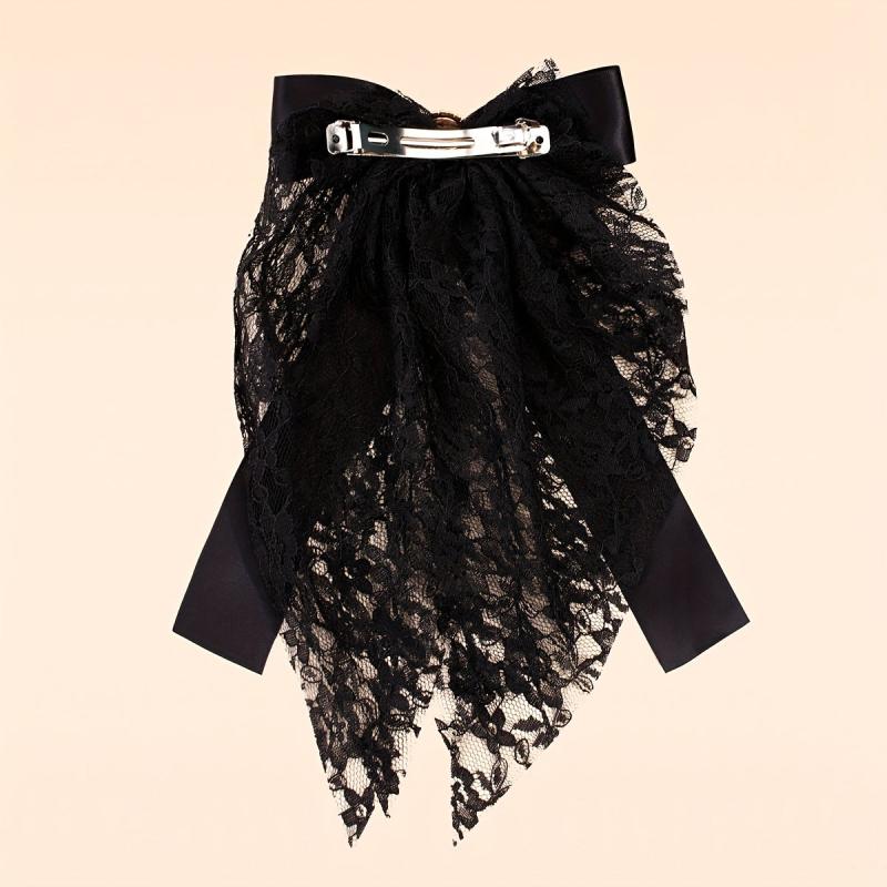 Long Lace Bow Barrette Faux Pearl Hair Clip for Women Girls