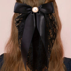 Long Lace Bow Barrette Faux Pearl Hair Clip for Women Girls