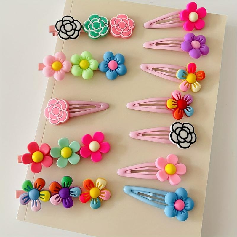 12pcs Baby Girls Snap Clip Cartoon Flower PVC Hair Clip