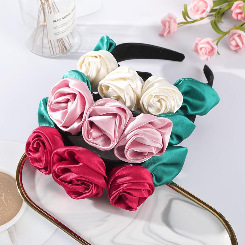 Rose Leaves Headband Wide Brimmed Satin Flower Headdress