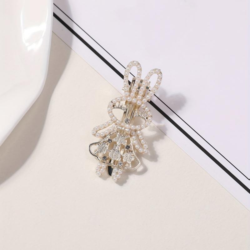 Rabbit Hair Clip Faux Pearl Rhinestone Decor Duck Billed Clip Alloy Hair Clip