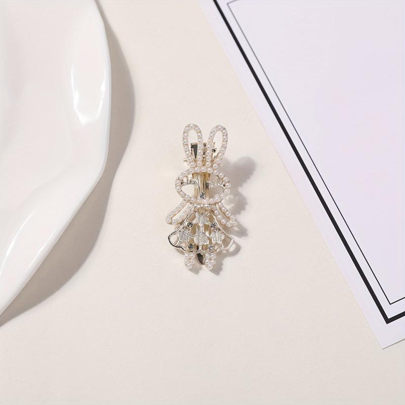 Rabbit Hair Clip Faux Pearl Rhinestone Decor Duck Billed Clip Alloy Hair Clip