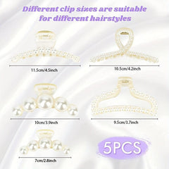 5 PCS Faux Pearl Hair Claw Large Shark Claw Head Jewelry Ponytail Holder