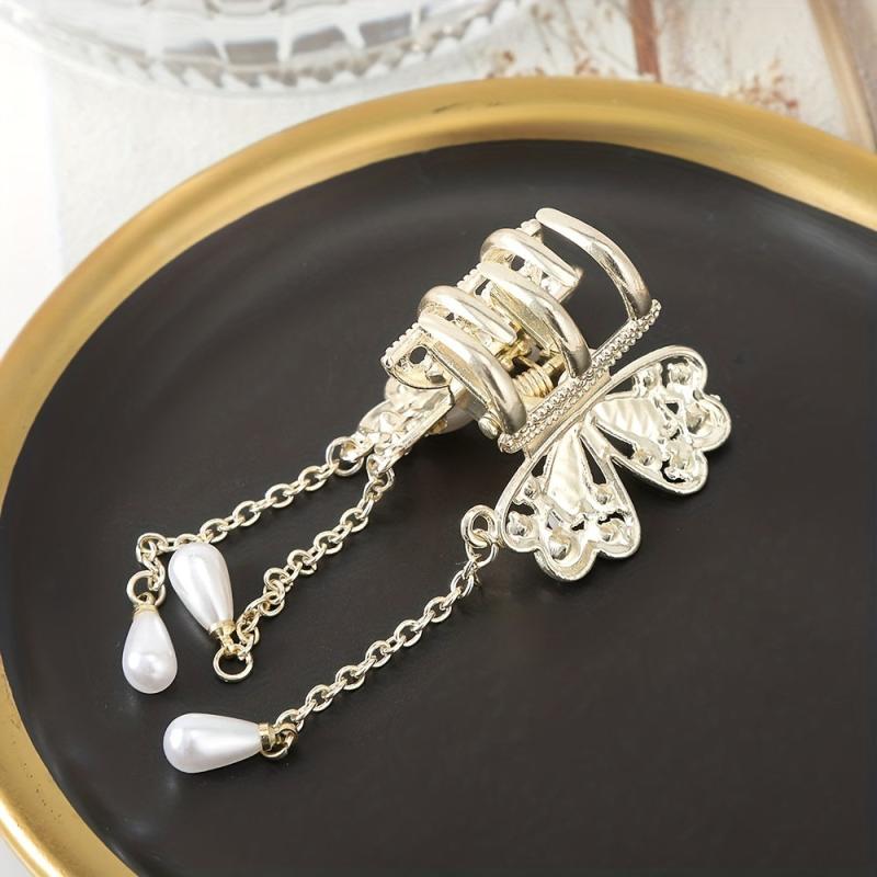 Butterfly Rhinestone Faux Pearl Hair Claw Clip Tassel Mini Clip