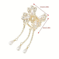 Butterfly Rhinestone Faux Pearl Hair Claw Clip Tassel Mini Clip