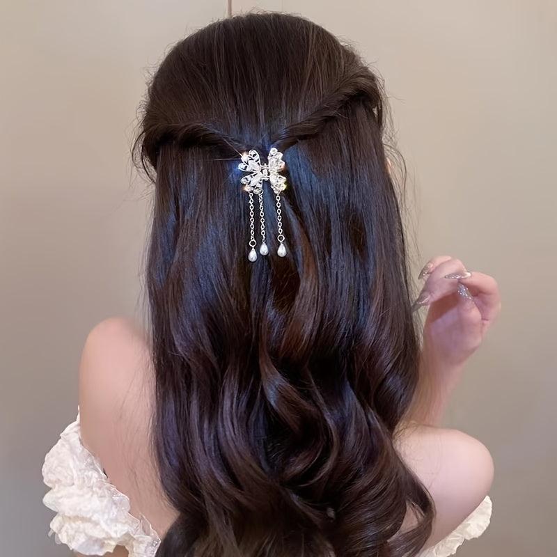 Butterfly Rhinestone Faux Pearl Hair Claw Clip Tassel Mini Clip