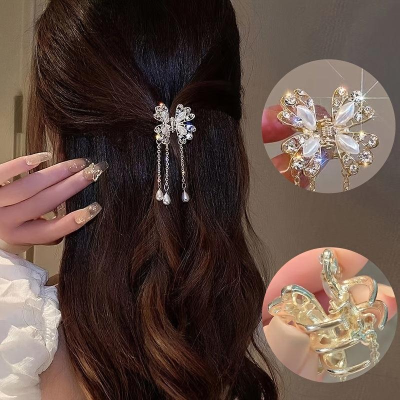 Butterfly Rhinestone Faux Pearl Hair Claw Clip Tassel Mini Clip