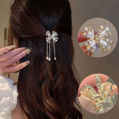 Butterfly Rhinestone Faux Pearl Hair Claw Clip Tassel Mini Clip