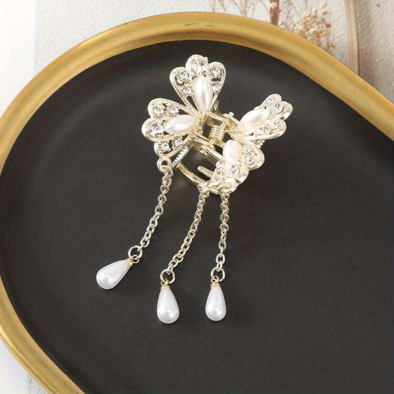 Butterfly Rhinestone Faux Pearl Hair Claw Clip Tassel Mini Clip