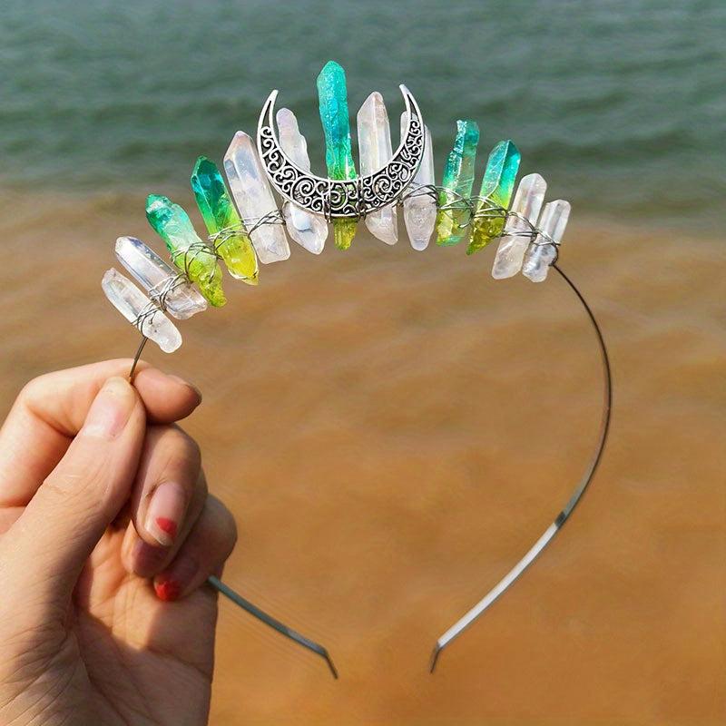 Moon Shape Crystal Crown Hairband Multicolored Hand-tied Bridal Headba