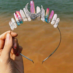 Moon Shape Crystal Crown Hairband Multicolored Hand-tied Bridal Headba
