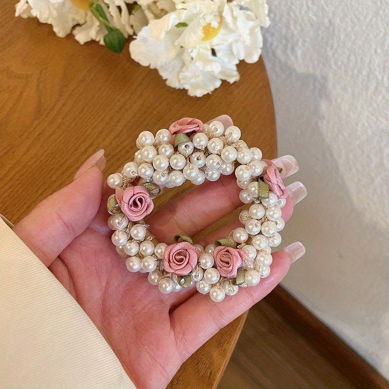 Faux Pearl Hair Tie Fabric Rose Decor Hair Rope Sweet Ponytail Holder
