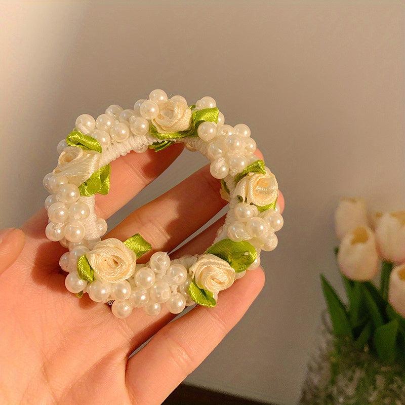 Faux Pearl Hair Tie Fabric Rose Decor Hair Rope Sweet Ponytail Holder