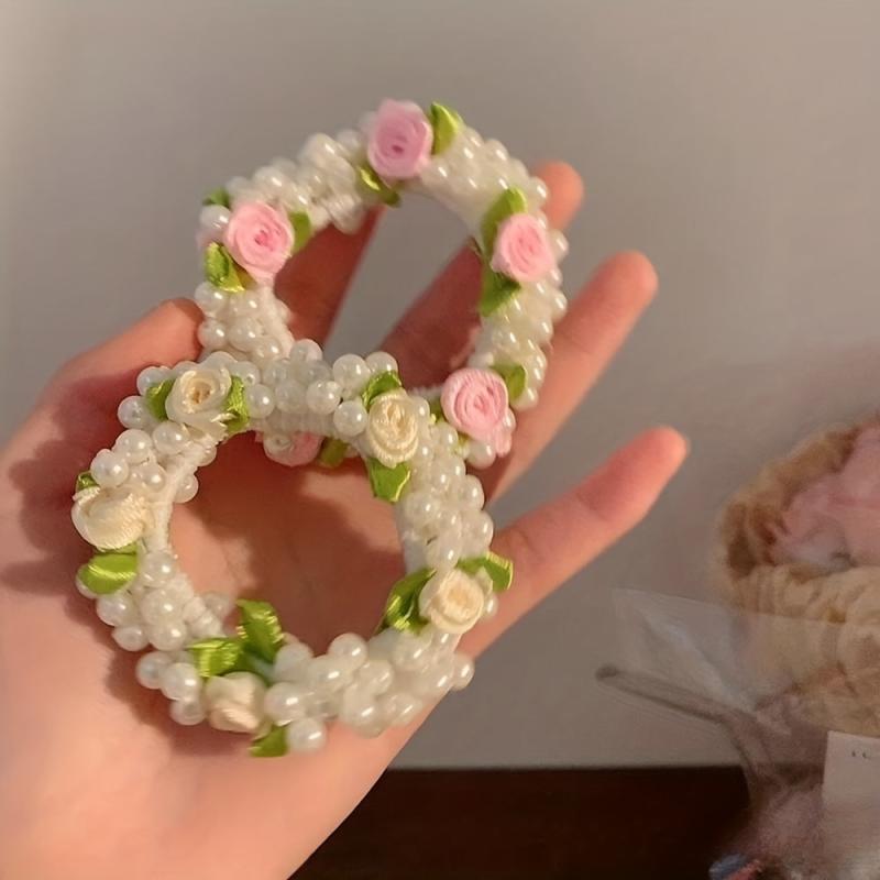 Faux Pearl Hair Tie Fabric Rose Decor Hair Rope Sweet Ponytail Holder