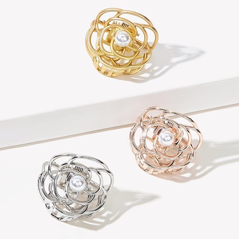 3pcs Mini Rose Flower Hair Claw Clips For Women Faux Pearl Small Hair Clip