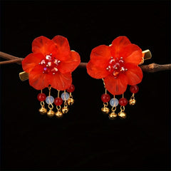 Crystal Inlaid Flower Hair Clip with Bell Pendant