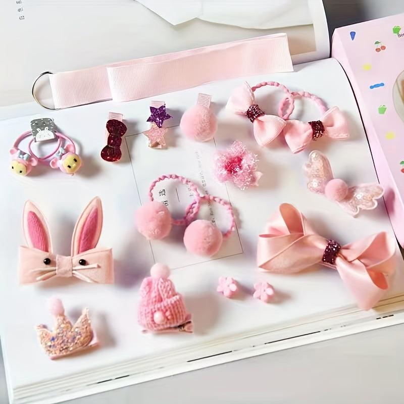 14pcs Girls Hair Accessories Set Crown Hair Tie Bow Duckbill Clip Cartoon Rabbit