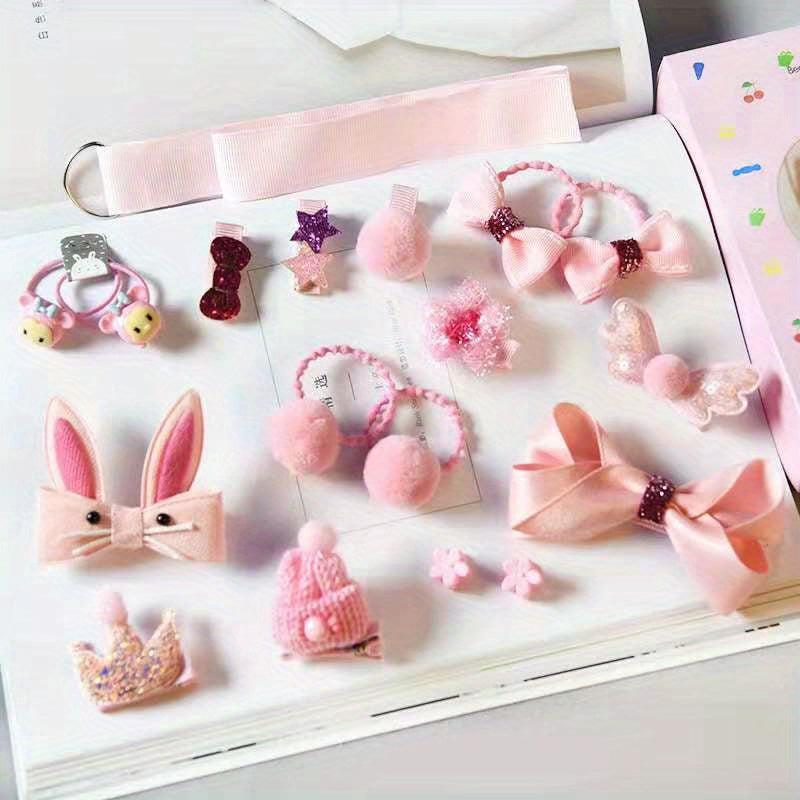14pcs Girls Hair Accessories Set Crown Hair Tie Bow Duckbill Clip Cartoon Rabbit