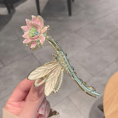 Chinese Style Lotus Flower Hair Claw Clip Vintage Enamel Non Slip Grip Hair Jaw