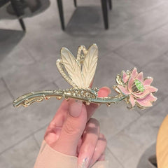 Chinese Style Lotus Flower Hair Claw Clip Vintage Enamel Non Slip Grip Hair Jaw