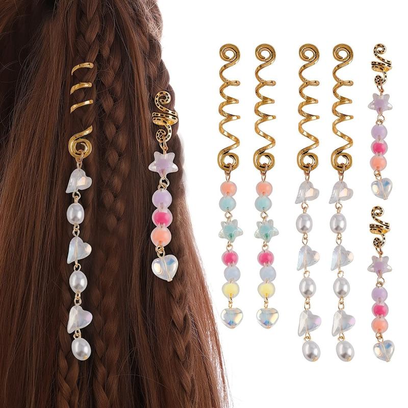 6pcs Colorful Faux Pearl Hair Jewelry For Braids Tassels Dreadlock Rings Charm