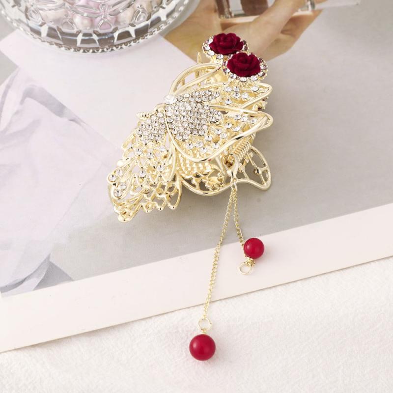 Red Rose Hair Claw Clip Tassel Ponytail Holder for Women