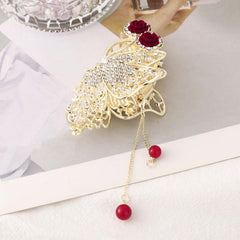 Red Rose Hair Claw Clip Tassel Ponytail Holder for Women