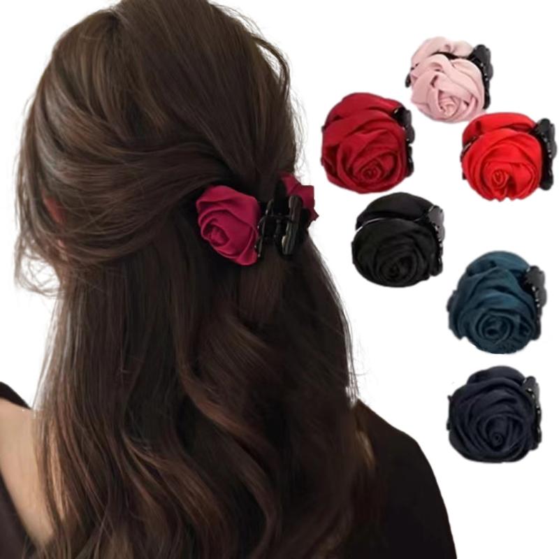 Small Fabric Rose Decor Hair Claw for Women Girls