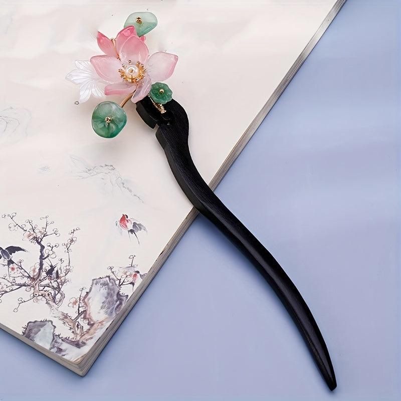 Vintage Lotus & Pearl Wooden Hair Pin Holder