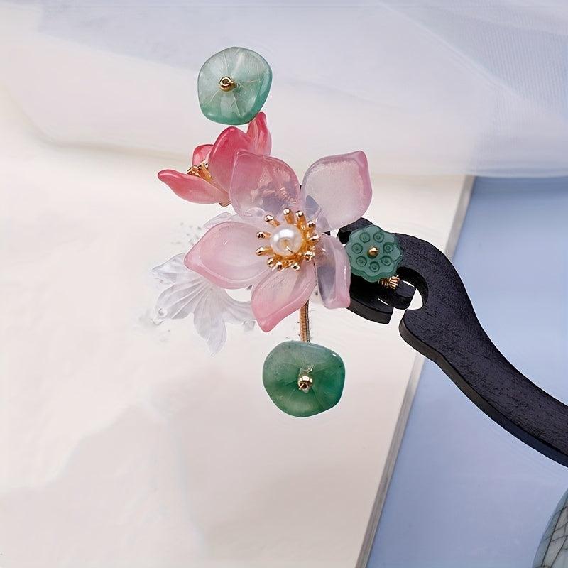 Vintage Lotus & Pearl Wooden Hair Pin Holder