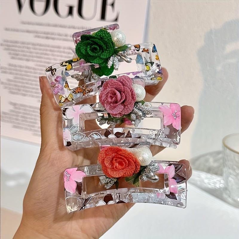 Printed Hair Claw Butterfly Design Rose Decor Hair Clip for Women