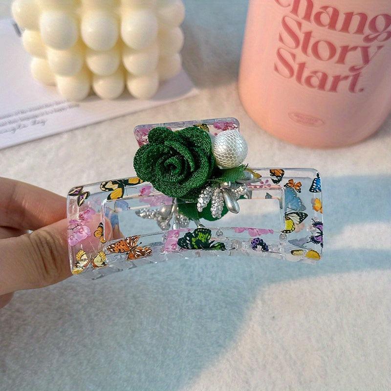 Printed Hair Claw Butterfly Design Rose Decor Hair Clip for Women