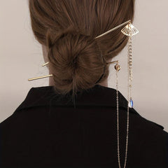 Retro Hair Pin Mini Fan Shape Decor Pendant Double Hairpin Ponytail Holder