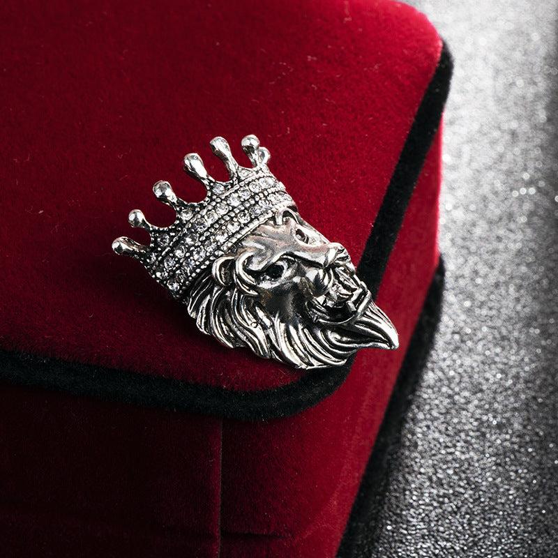 Vintage Animal Lion Head Brooch Crystal Crown Lapel Pin For Men And Women