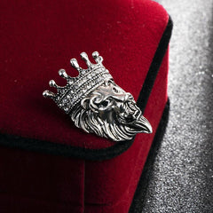 Vintage Animal Lion Head Brooch Crystal Crown Lapel Pin For Men And Women