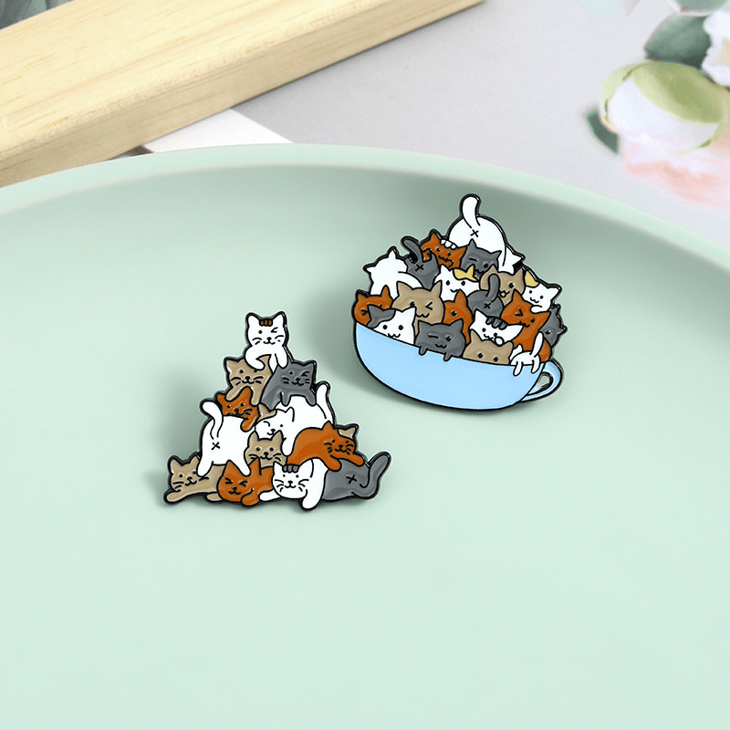 Cat in Bowl Brooch Pin - Playful Kitten Jewelry Accessory