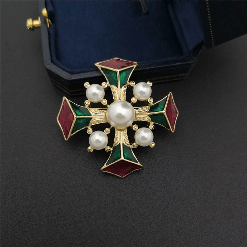 Vintage Baroque Enamel Pearl Brooch Retro Court Cross Brooch Pin
