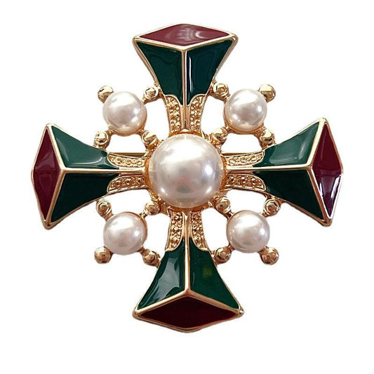 Vintage Baroque Enamel Pearl Brooch Retro Court Cross Brooch Pin
