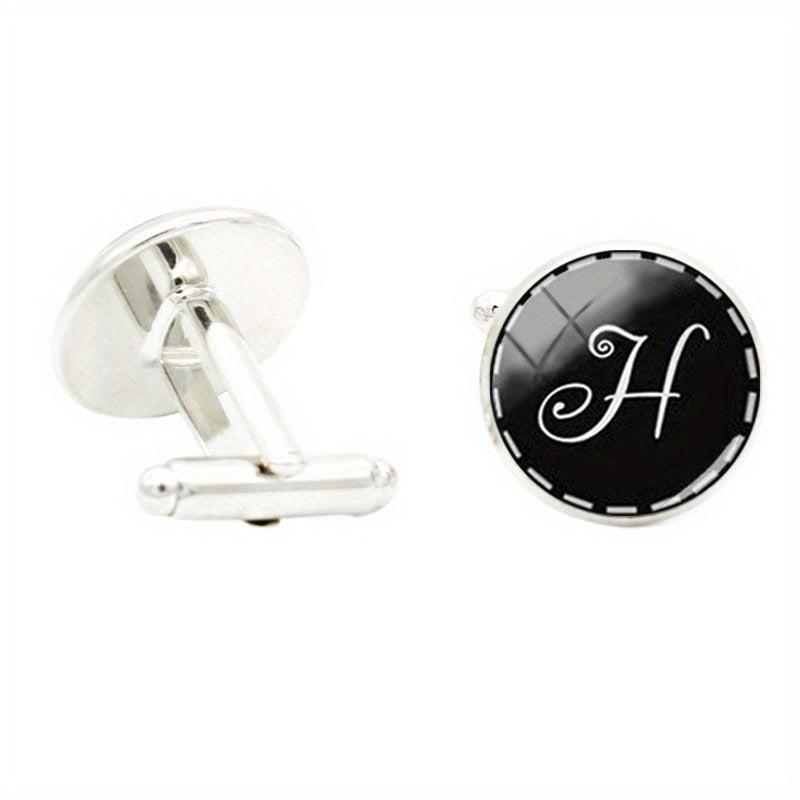 Glass Gem Letter H Cufflinks, Rhodium Plated, Wedding Jewelry