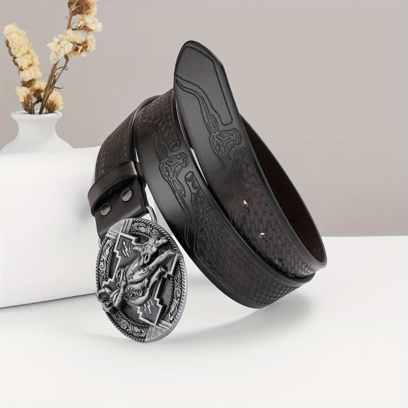 Embossed Leather Belt Retro Casual Western Cowboy Belt for Men